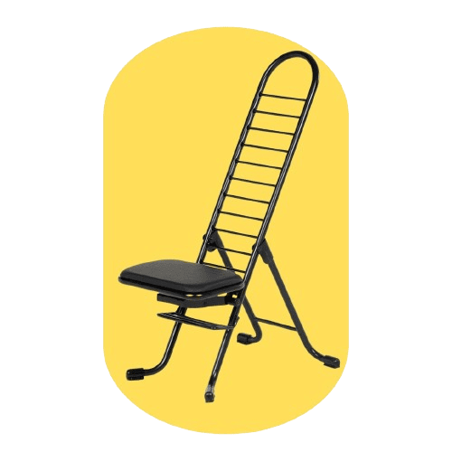 A folding chair with a black metal frame and cushioned seat is set against a yellow oval background. Part of the Vestil Ergonomic Solutions line, it features a tall, arched back with horizontal bars, designed to enhance comfort and reduce workplace injuries.