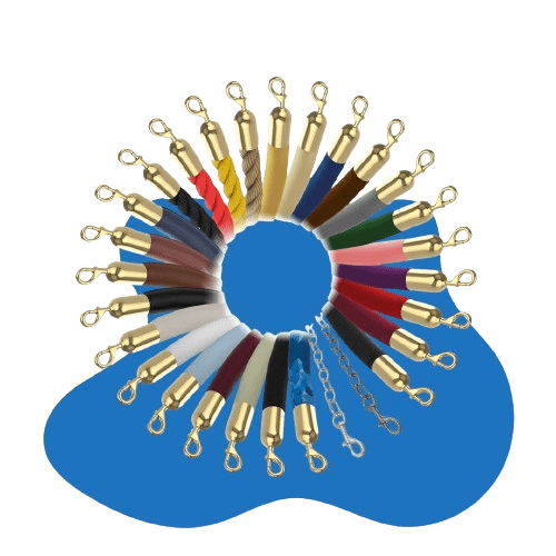 A circular arrangement of colorful fishing lure tails with gold connectors, displayed on a blue surface, reminiscent of Visiontrons retractable belt stanchions. Each lure boasts unique designs—solid, striped, and metallic—offering creative crowd control solutions.