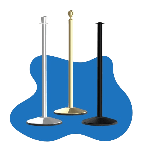 On a blue background, three stanchions command attention: one silver with a flat top, one gold with a round top, and one black with a flat top. Designed by Visiontron for effective crowd control and queue management, they blend style with functionality seamlessly.