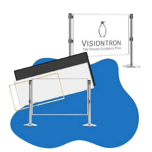 A stand with the logo Visiontron, adorned by a penguin graphic and the slogan The People Guidance Pros. Next to it, podium frames in black and gold grace a blue abstract background, highlighting Visiontron Panels & Barricades for effective crowd control solutions.