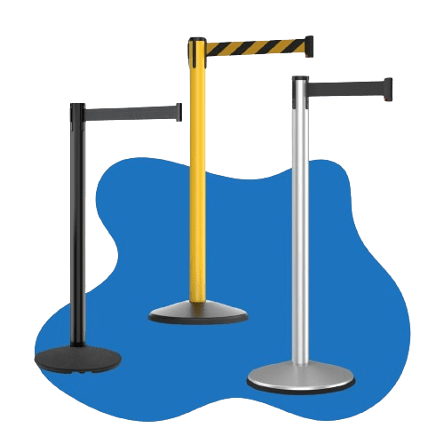 Three retractable belt stanchions, essential for queue management and safety, stand on a blue background. The stanchions feature black with a black belt, yellow with a yellow and black striped belt, and silver with a black belt.