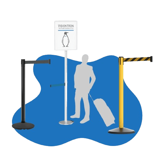 Illustration of three safety stanchions on a blue abstract background. A black one on the left, a Visiontron Retractable Belt Stanchion with a Visiontron sign in the center, and a yellow-black barrier stanchion on the right. In the middle is a silhouette of a person with luggage.
