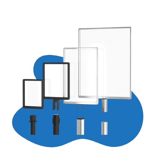 A collection of seven rectangular frames in various sizes, featuring four black and three white ones, serves as informational signage. Set against a blue abstract shape, some frames connect to black and silver cylindrical bases for a modern touch.