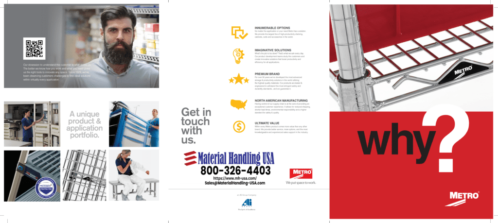 Brochure cover showcases a bearded man in blue, alongside a QR code, product images, and icons detailing innovation and high standards. With contact info for Material Handling USA and metro brandings bold why? in red, this piece is a standout in the Material Handling Literature Gallery.