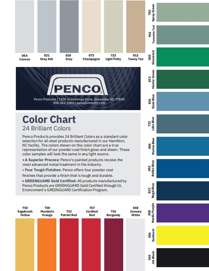 Explore the vibrant Material Handling Literature Gallery from Penco Products, featuring a color chart with 24 swatches like Canvas, Putty, and Maroon. Highlighting GREENGUARD Gold Certified selections, contact details and certifications are prominently placed for your convenience.