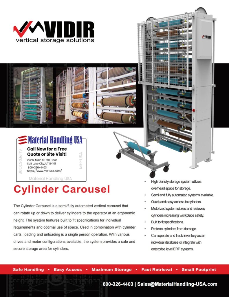 Discover Vidirs Cylinder Carousel, a pinnacle in vertical storage solutions showcased in our Material Handling Literature. Maximize storage space and enhance safety with ease. For more information, visit our gallery or reach out to us today. Your efficient storage solution awaits!.