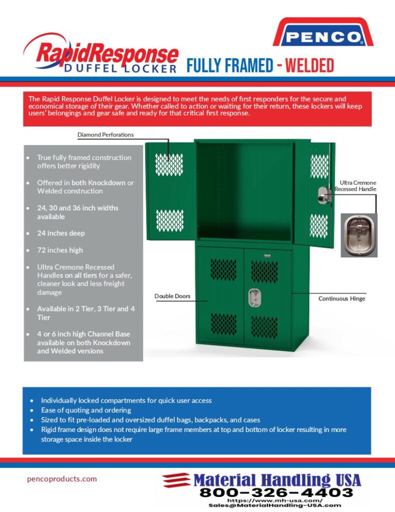 Discover the Rapid Response Duffel Locker by Penco—a masterpiece in material handling. With features like diamond perforations, a fully framed construction, and depths of 24”, 30”, and 36”, its perfect for any storage gallery. Highlights also include ULTRA CREME2 hinges and double doors for ultimate convenience.