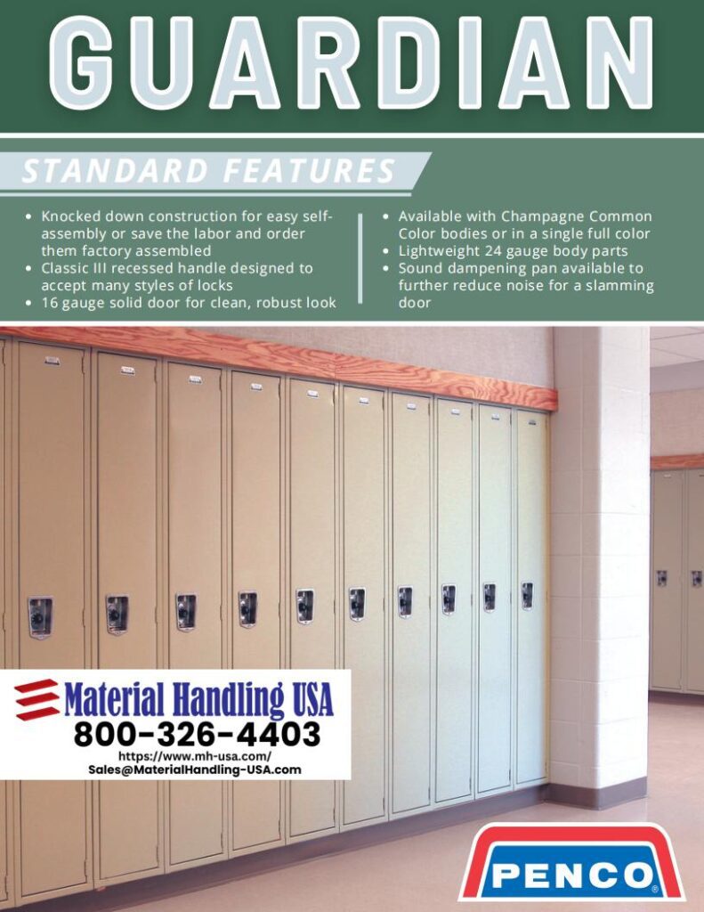 The image showcases a locker room with beige lockers. The Guardian lockers feature easy assembly, classic design, 16-gauge solid doors, and sound dampening options. Explore our Material Handling solutions for customizable color choices. Contact us for more info and spot the Penco logo at the bottom.