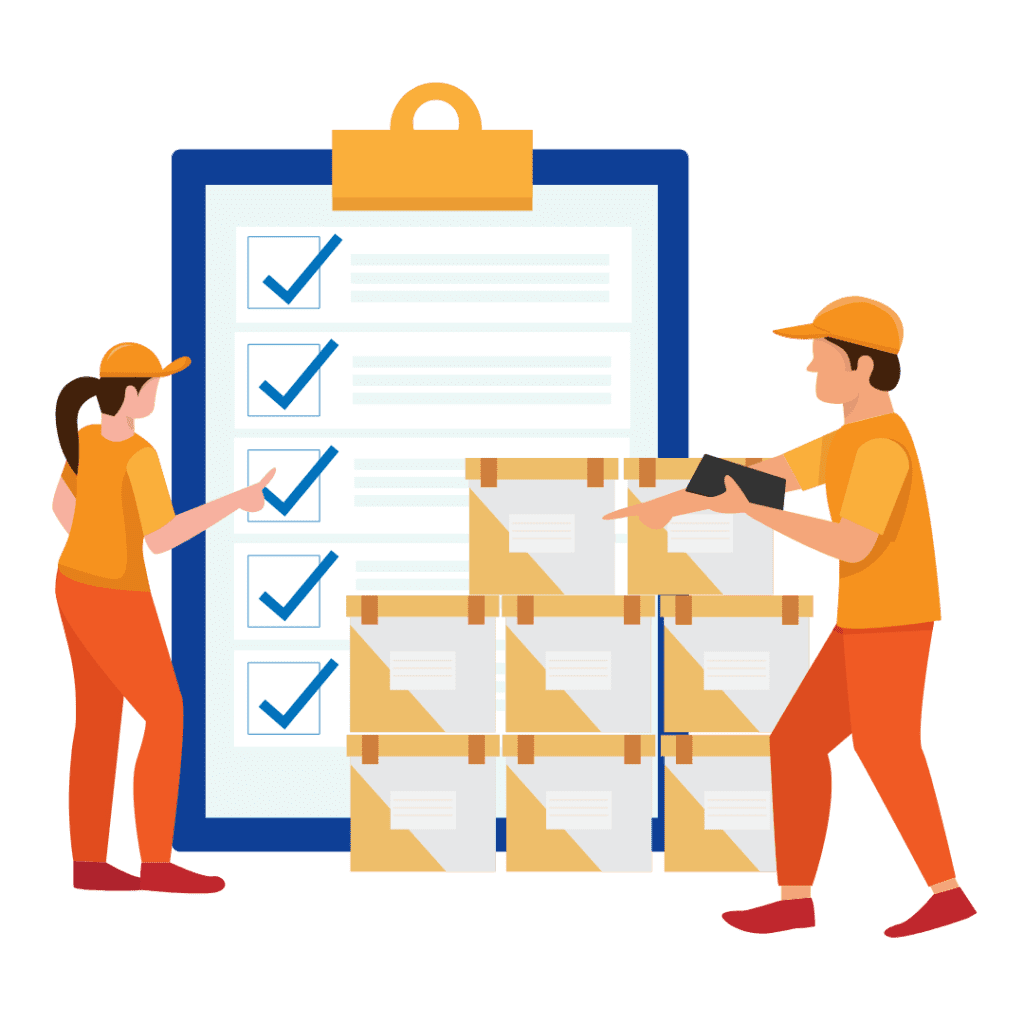 Illustration of two workers in orange uniforms beside a large checklist, pointing at boxes with checkmarks. Several stacked cardboard boxes labeled Laboratory Solutions lie in front of them, highlighting their role in maintaining organized and efficient processes.
