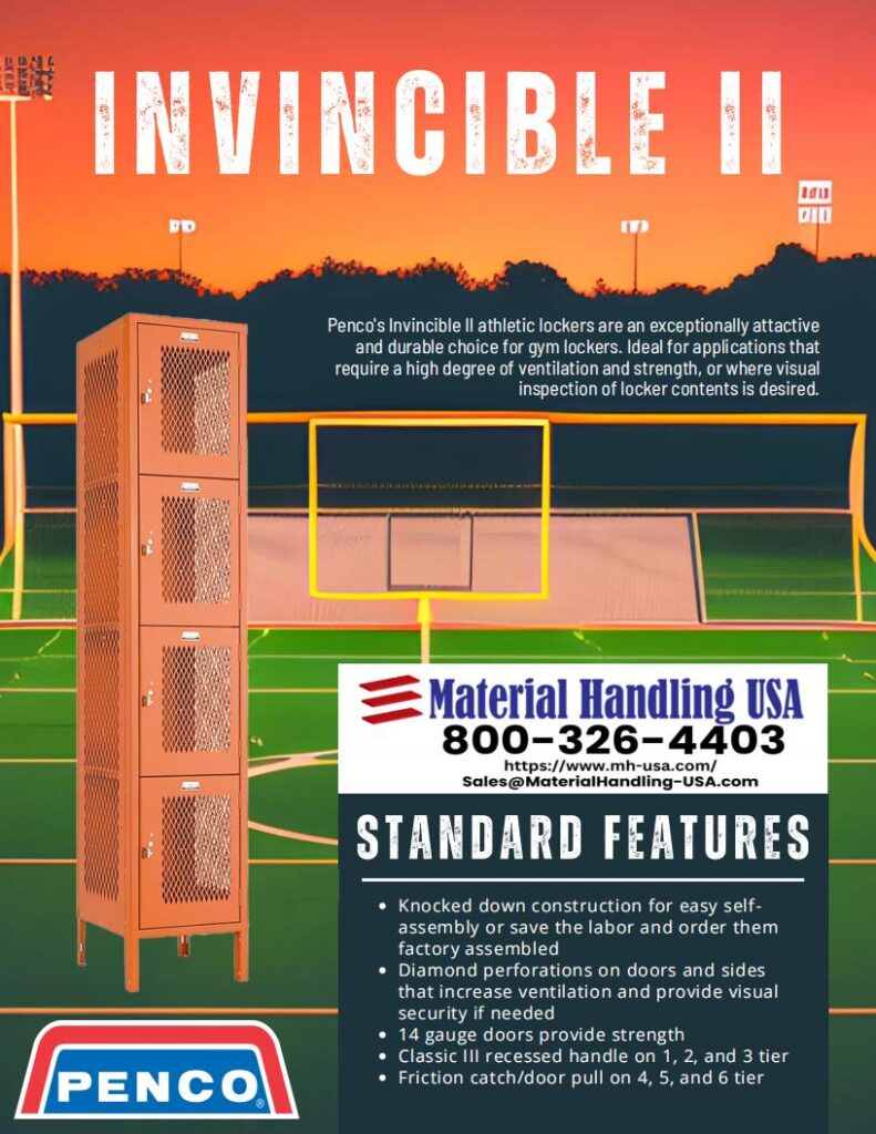 Advertisement for Penco Invincible II athletic lockers. Against a sunset-lit sports field, a tall locker stands out. Discover its durability and ventilation features through our detailed Material Handling Literature. Contact Material Handling USA for more information.