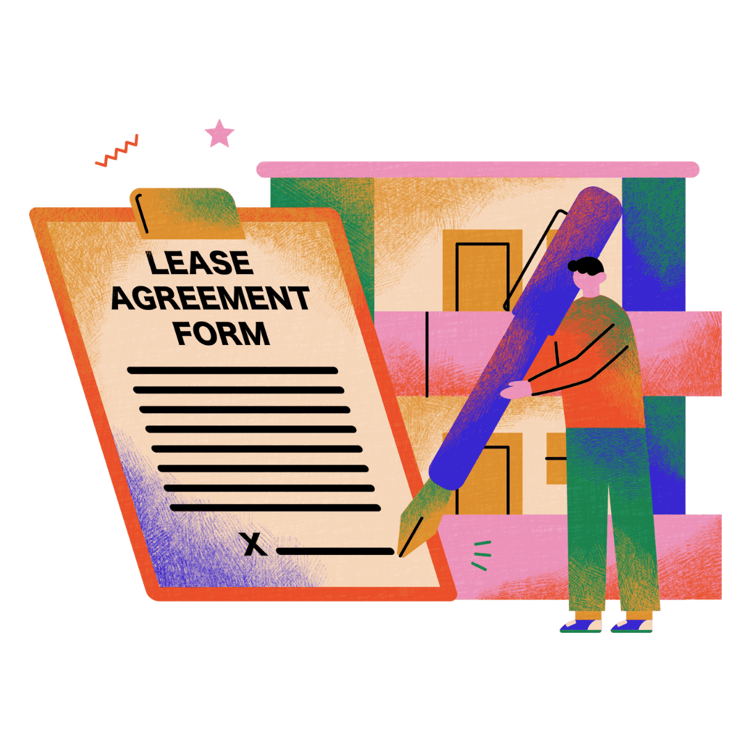 Illustration of a person holding a large pen next to a Lease Agreement Form. The paper shows text lines with buildings resembling laboratory solutions in the background. The artwork uses vibrant colors and abstract shapes.