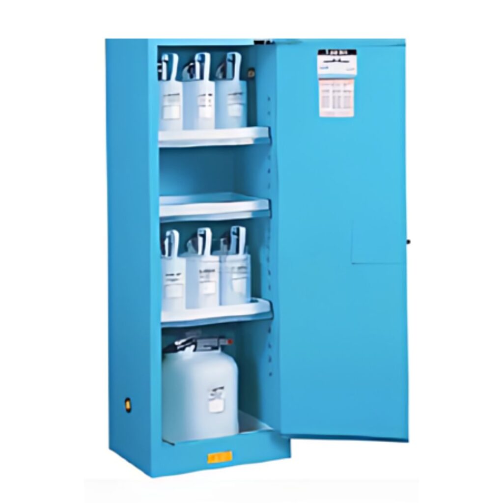 A blue safety cabinet with lab shelving on four tiers holds several large white containers with handles. The cabinet is open, revealing its contents and a label on the inside of the door.