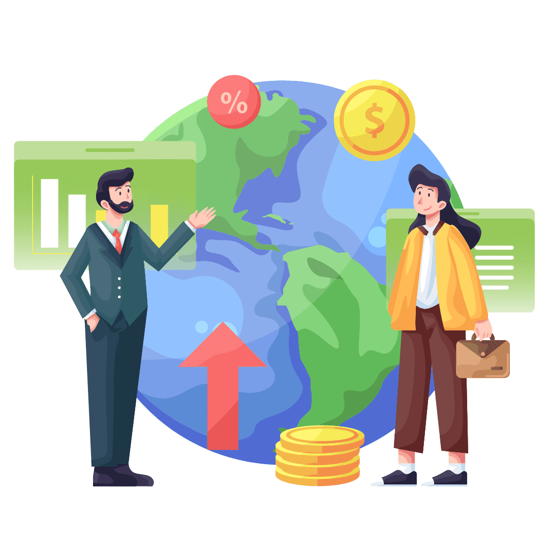 Illustration of a man in a suit and a woman with a briefcase discussing near a globe. Graphs, coins, and percentage symbols emerge, symbolizing global finance or economics. The scene feels like laboratory solutions for international markets as the man gestures to charts and currency symbols on the globe.