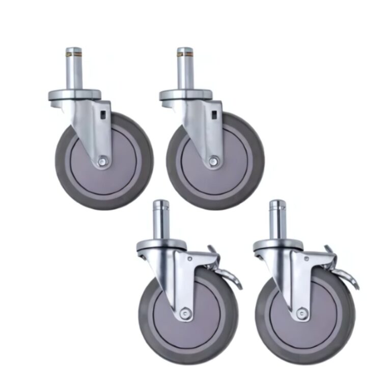 Four grey swivel caster wheels with metal fixtures and brakes are arranged diagonally against a white background, compatible with Metro Wire Shelving for effortless mobility and secure locking.