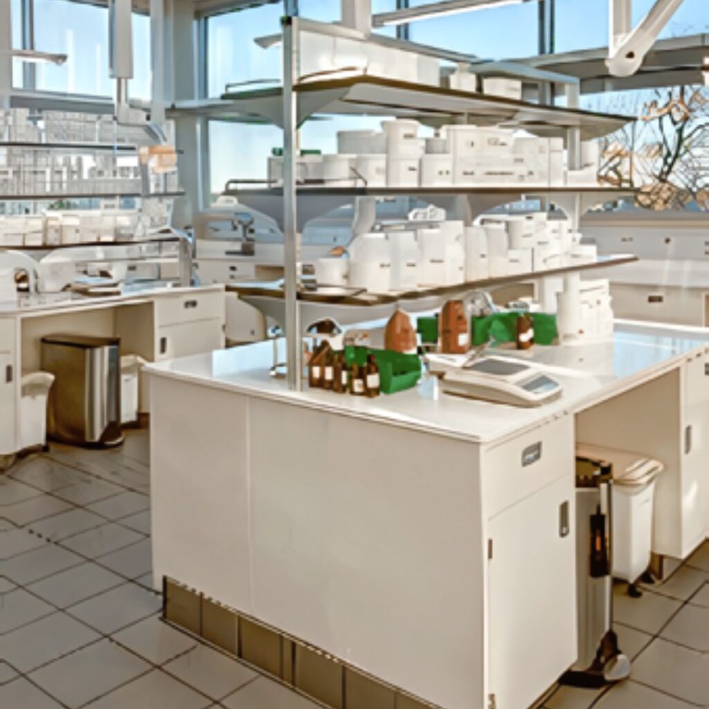A modern laboratory features white counters and sleek lab shelving holding various equipment and containers. Bright natural light floods the space through large windows, illuminating the neat and organized workstations, all contributing to a clean, professional appearance.