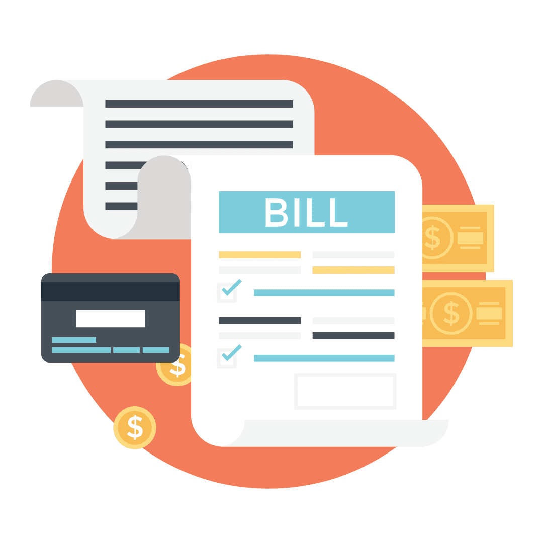 An illustration of a financial concept blends seamlessly with elements like a bill, credit card, dollar bills, and coins against an orange circle. The checkmarked bill hints at payment or accounting precision akin to laboratory solutions.