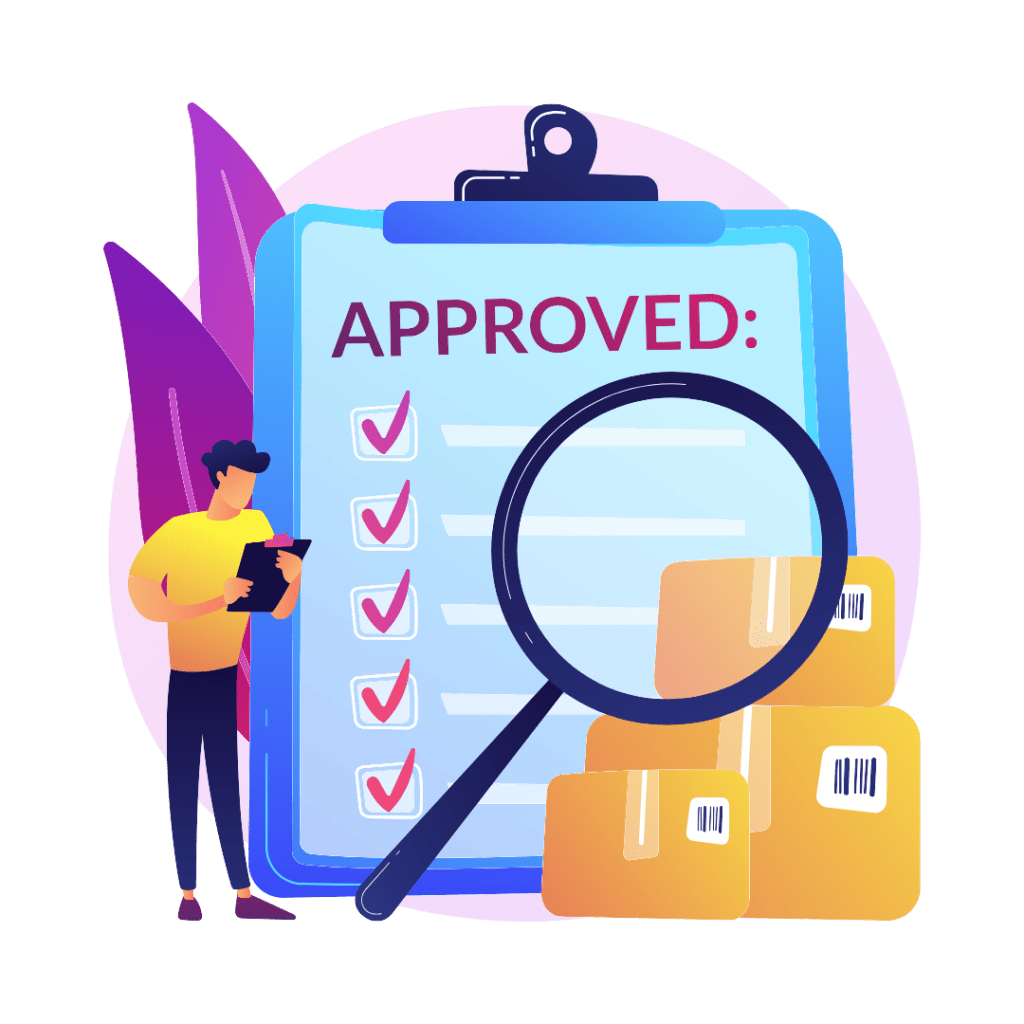 Illustration of a large checklist with Approved at the top, marked with red checkmarks. A magnifying glass hovers over the list, while a person stands nearby holding a clipboard, inspecting laboratory solutions. Stacked boxes with barcodes are visible in the background.