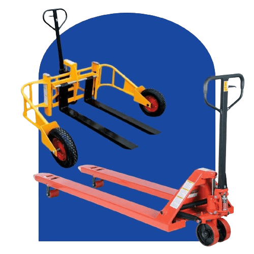 Two different pallet jacks against a blue background. The upper yellow one, with large black wheels, boasts ergonomic design for ease of use. Below is a red 4-Way pallet jack featuring smaller wheels and a black handle, perfect for versatile maneuverability in tight spaces.