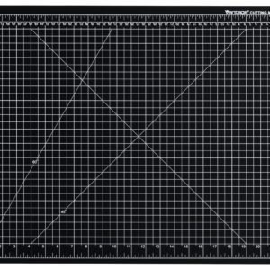 The Dahle Vantage® Premium Self-Healing Cutting Mat, 18 x 24, in black, includes a precise grid with measurement markings, horizontal and vertical rulers, and centrally intersecting diagonal lines. Vantage is on the top right. It comes in a case of 12.
