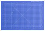 The Dahle Vantage® Premium Self-Healing Cutting Mat, 12 x 18, features a blue surface with white grid lines and Vantage at the top right. It has marked measurements along the edges and diagonal lines for precision crafting tasks. Available as a Case of 24.