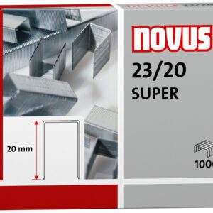 Box of Novus 23/20 Super Heavy Duty Staples contains 1,000 pieces, featuring 23 gauge staples with a 20mm length both on the packaging and inside.