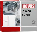 Image of a Novus 23/24 Super Heavy Duty Staples box, highlighting durable metal staples. The indicated 24mm, 23 gauge staples are ideal for robust applications. Contains 1,000 pieces with a red and gray background. Sold as part of a case containing 40,000 staples.