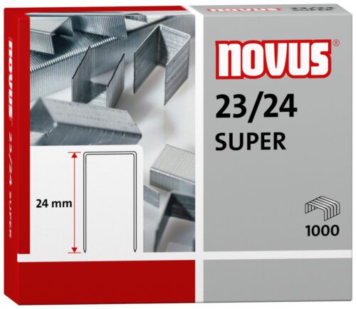 Image of a Novus 23/24 Super Heavy Duty Staples box, highlighting durable metal staples. The indicated 24mm, 23 gauge staples are ideal for robust applications. Contains 1,000 pieces with a red and gray background. Sold as part of a case containing 40,000 staples.