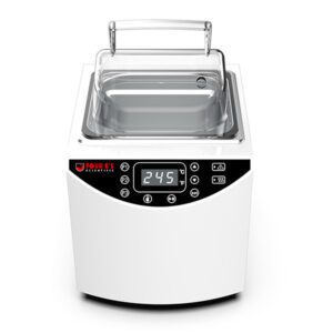 The MH-USA 2L Water Bath, with its white painted exterior and transparent lid, displays a stainless steel basin and a digital interface showing 24.5°C. It provides precise temperature control, perfect for scientific experiments needing accurate heating settings.
