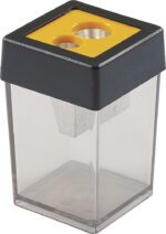 The Dahle 53465 Double Canister Pencil Sharpener has a yellow surface, black lid, and clear plastic design with dual top holes. Its transparent walls show the empty container, highlighting its functionality. Sold in cases of 100.
