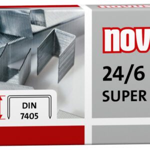 The Novus 24/6 Super Premium Staples packaging features metal staples, with 1000 staples per box, each 6mm long and meeting DIN 7405 standards. The design in red, gray, and white accents enhances its sleek look.