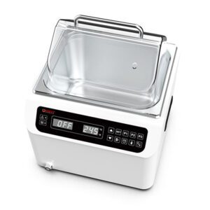 The MH-USA 13L Water Bath features a white painted exterior and stainless steel basin, with a digital display showing OFF 24.5 and control buttons, while its transparent lid ensures precise sous vide cooking.