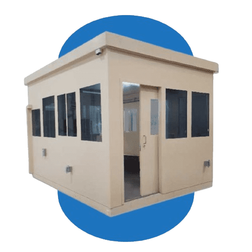 A tan portable security booth with several windows and an open door, set against a blue oval background, exemplifies customizable modular buildings ideal for Air Force Base Expansion Solutions.