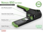 The image presents the eco-friendly B50 re+new Heavy Duty Stapler, Black (Case Of 10), capable of stapling up to 140 sheets. It features an anti-blocking system, adjustable depth guide, rotating anvil, and staple storage.