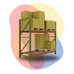 Warehouse shelving with brown cardboard boxes stacked on wooden pallets, set against a colorful abstract background with red, yellow, and blue shapes. Discover pallet rack solutions designed specifically for auto glass distribution centers to enhance storage efficiency.