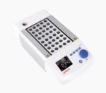 The MH-USA Dry Bath Incubator, 2-Block Model, features circular slot grids, a digital display for temperature and time, control buttons, and a blue knob for precise heating control in scientific experiments.
