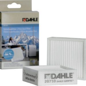 The DAHLE CleanTEC® 20710 Air Filter (Case Of 10) includes a detail-labeled box with an image, featuring visible pleats for optimal performance. The design is highlighted by white tones with gray and blue branding accents.