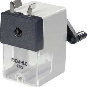 The Dahle 155 Professional Pencil Sharpener has a manual crank, black top, transparent shavings compartment, and the DAHLE 155 brand name on the front, highlighting its professional quality.