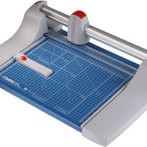 The Dahle 440 Premium Rotary Trimmer, featuring a 14 cut length, has a blue grid surface, sliding blade on a metal bar, and a plastic safety guard. Its base offers both metric and imperial measurements for accurate trimming.