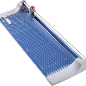 The Dahle 446 Premium Rotary Trimmer has a 36 cut length, blue grid cutting mat, silver rotary blade arm, orange blade handle with matching safety latch on a rectangular base for precision trimming.