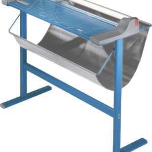 The Dahle 446s Large Format Premium Rotary Trimmer offers a 36 cut length and comes with a stand, blue paper cutter, rectangular cutting board, measurement grid, rotary blade, sturdy frame, and gray paper catch tray for precision trimming.