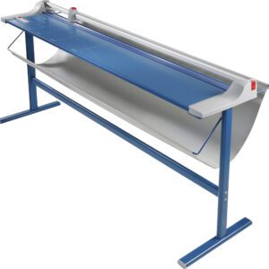 Introducing the Dahle 472s Large Format Premium Rotary Trimmer with a 72 cut length. This stylish blue and silver cutter, mounted on robust blue legs, features a sliding blade mechanism and an angled shelf for collecting trimmed paper. Stand included for added convenience.