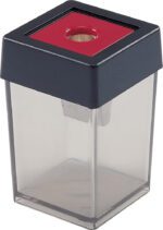 The Dahle 53463 Single Canister Pencil Sharpener, Red, features a transparent square design with a black lid and red top, offering a central hole for pencils and collecting shavings in the clear container. Sold in cases of 100.