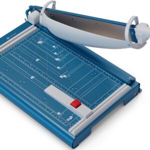 The Dahle 561 Premium Guillotine features a 14 cut length, a stylish blue and silver design, a large curved blade with a white handle for precision trimming, measurement guides on the base, and a red safety button for secure operation.