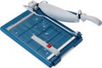The Dahle 564 Premium Guillotine w/Laser has a blue grid base, large white handle, and silver cutting arm for a precise 14 cut. It includes measurement markings and a red slider for exact paper trimming.
