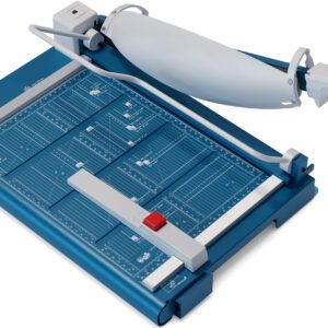 The Dahle 564 Premium Guillotine w/Laser has a blue grid base, large white handle, and silver cutting arm for a precise 14 cut. It includes measurement markings and a red slider for exact paper trimming.