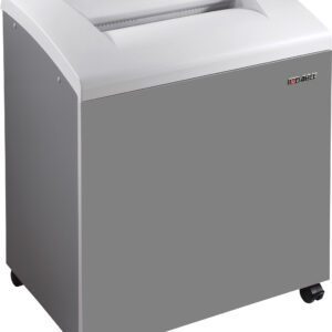 The Dahle 50514 Oil-Free Paper Shredder, designed for departmental use, is a sleek gray unit with a white top and circular control knob. Mounted on four wheels, it ensures mobility and efficiency in any office setting.