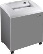 The DAHLE CleanTEC® 41534 High Security Paper Shredder in gray is large and mobile, featuring a sleek design with a top control knob. It has a wide rectangular paper slot and offers Extreme Cross Cut for superior security and precision shredding.