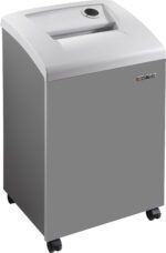 The Dahle 40334 High Security Paper Shredder, Extreme Cross Cut, is sleek and rectangular in gray with a top paper entry slot, control dial, wheels for mobility, and a subtle front logo.