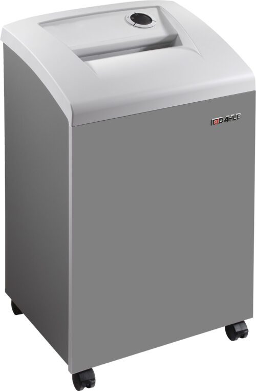 Dahle_High_Security_Small_Office_Shredder.jpg The Dahle 40334 High Security Paper Shredder, Extreme Cross Cut, is sleek and rectangular in gray with a top paper entry slot, control dial, wheels for mobility, and a subtle front logo.