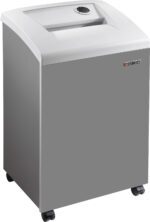 The Dahle 40430 Paper Shredder, with its sleek gray and white design, features a handy top slot and round control knob. This extreme cross-cut shredder on wheels ensures maximum document security for your office.